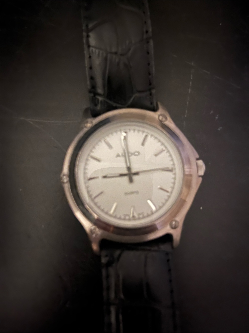 Aldo Silver Dial Watch with Black Leather Strap